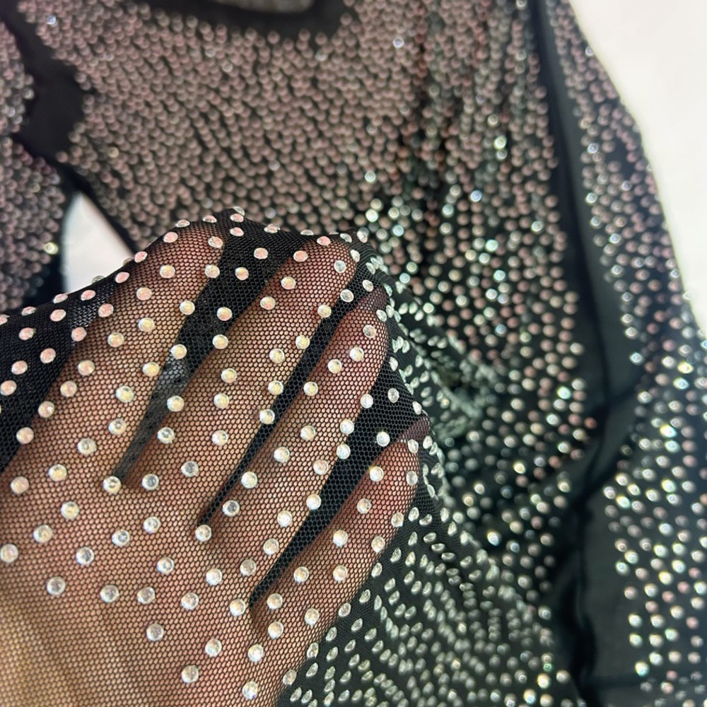 Black Long Sleeve Mesh Dress with Rhinestones